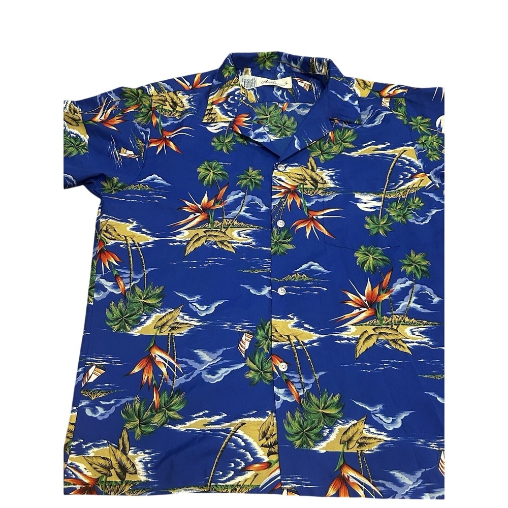 AKAMAI Hawaiian Shirt Men's Large Blue Polyester Tropical Palm‎ Tree Tropical